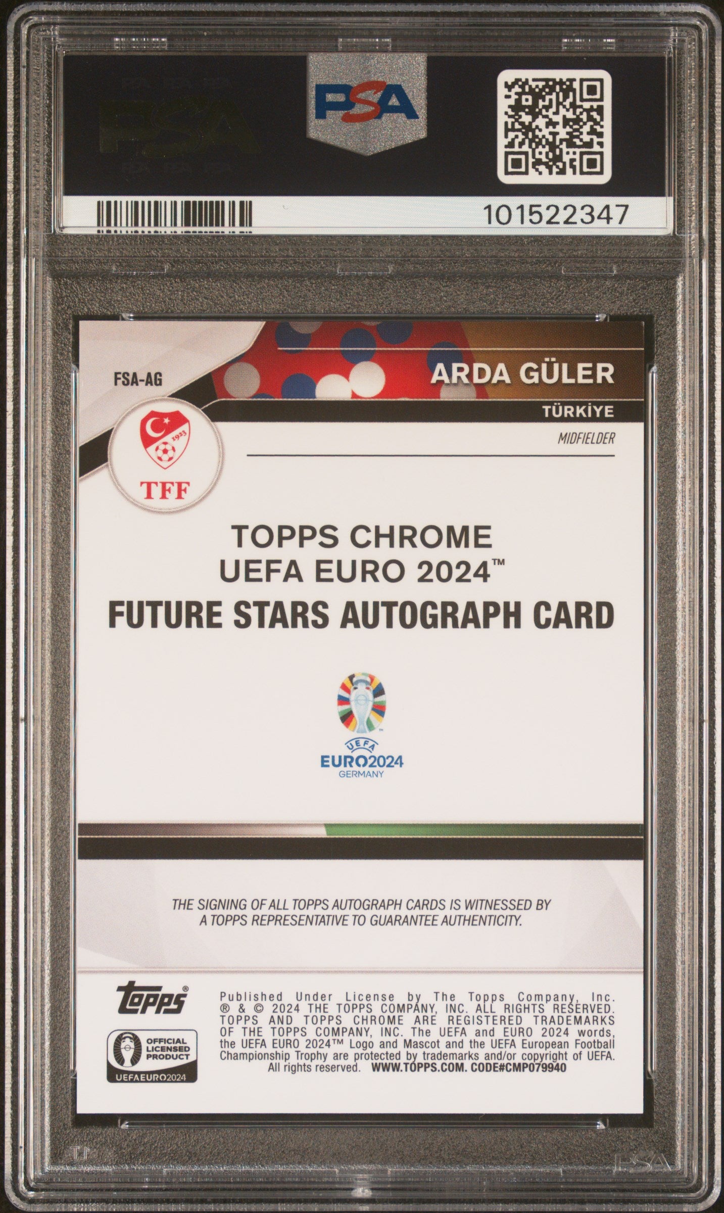 2024 Topps Chrome Sapphire UEFA Euro 24 Future Stars Auto Gold Refractor Arda Güler 14/50 PSA 9 Turkey