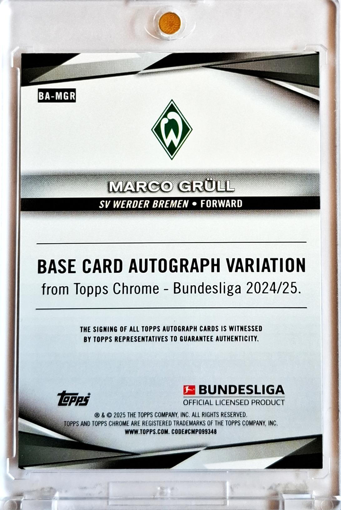 2024-25 Topps Chrome Bundesliga Black Auto Marco Grüll RC Rookie /10 Werder Bremen