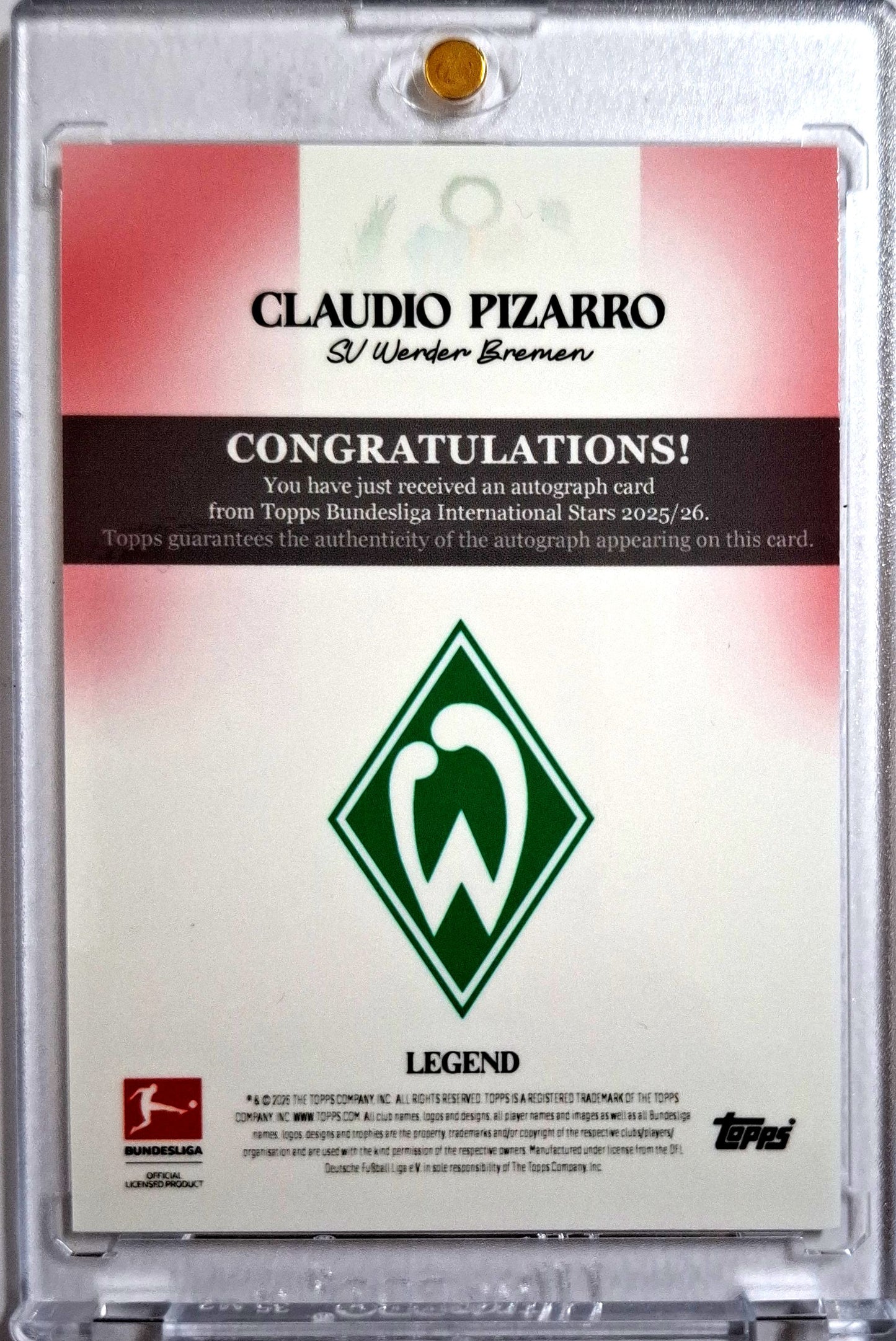 2025-26 Topps Bundesliga International Stars Autograph Black Claudio Pizarro 09/10 Werder Bremen