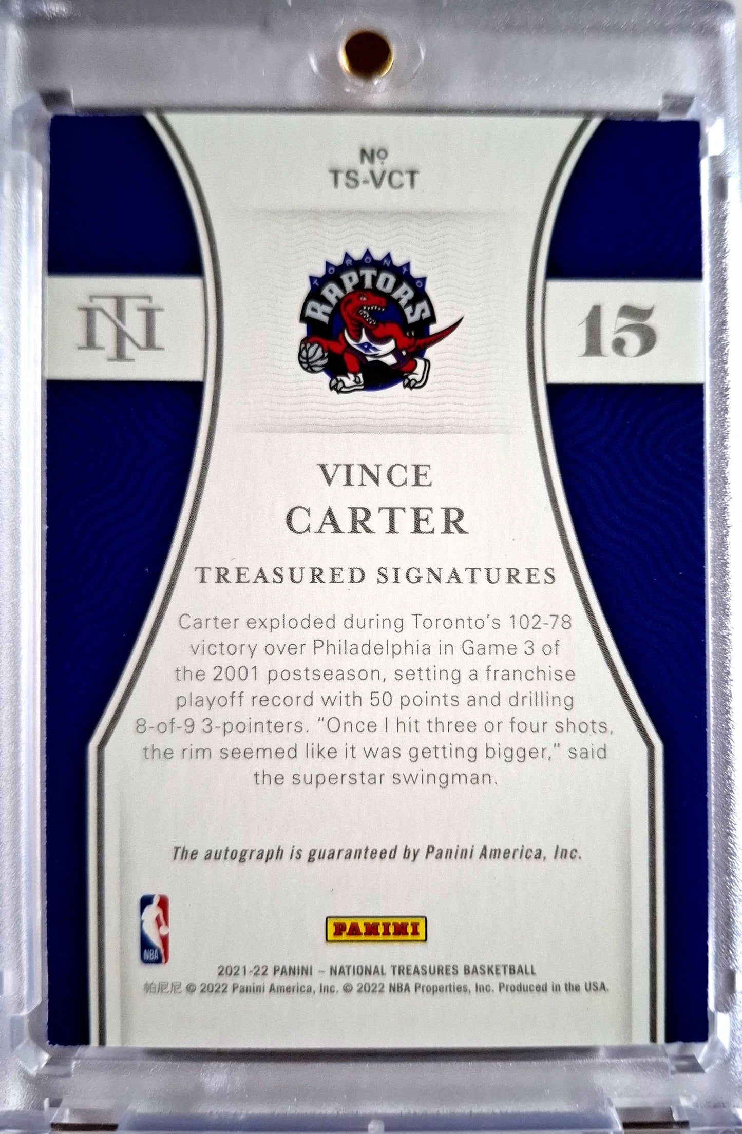 2021-22 Panini National Treasures Treasured Signatures Vince Carter Auto 18/25 Toronto Raptors