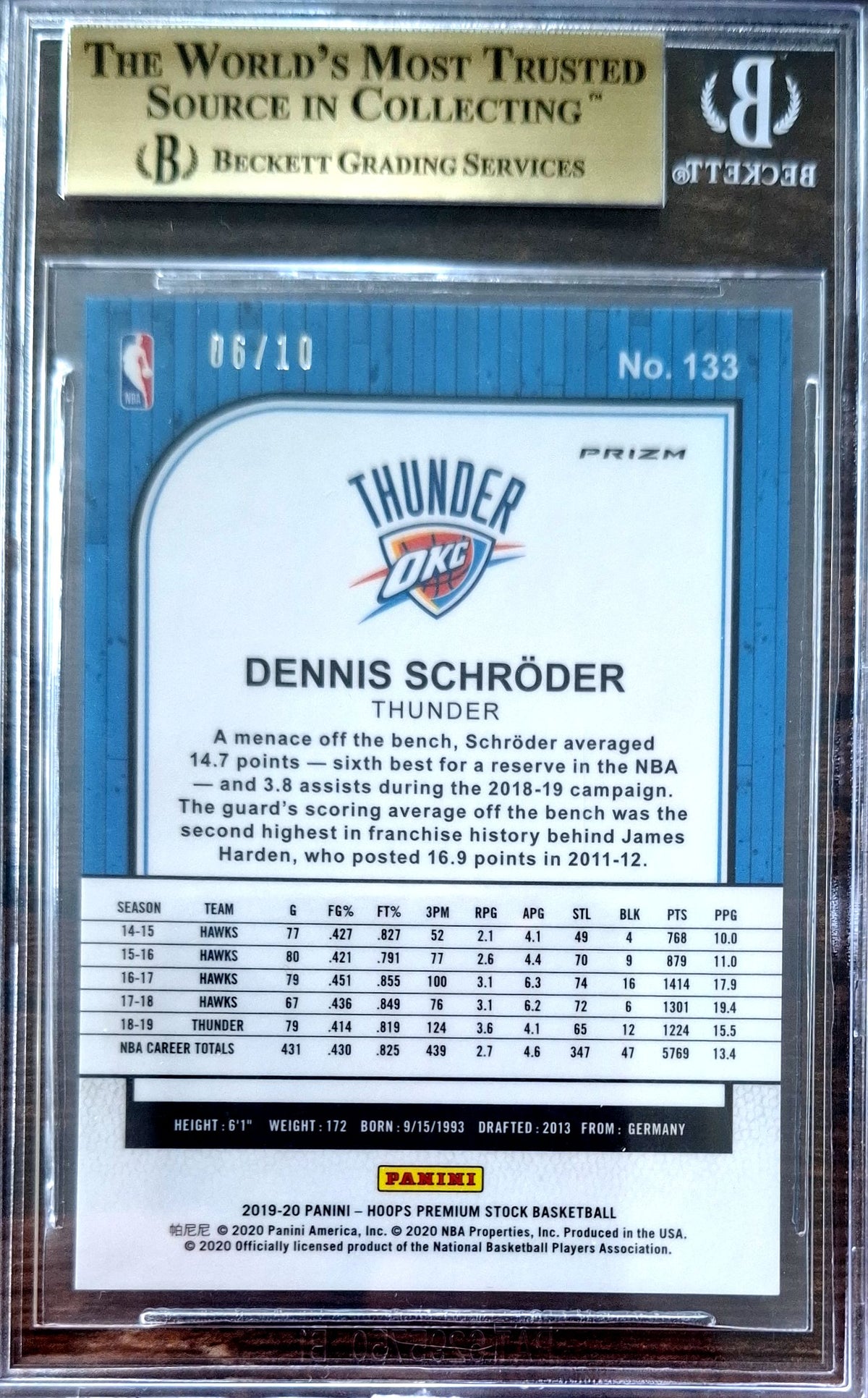 2019-20 Panini Hoops Premium Stock Prizm Gold Flash Dennis Schröder 06/10 BGS 9.5 Oklahoma City Thunder