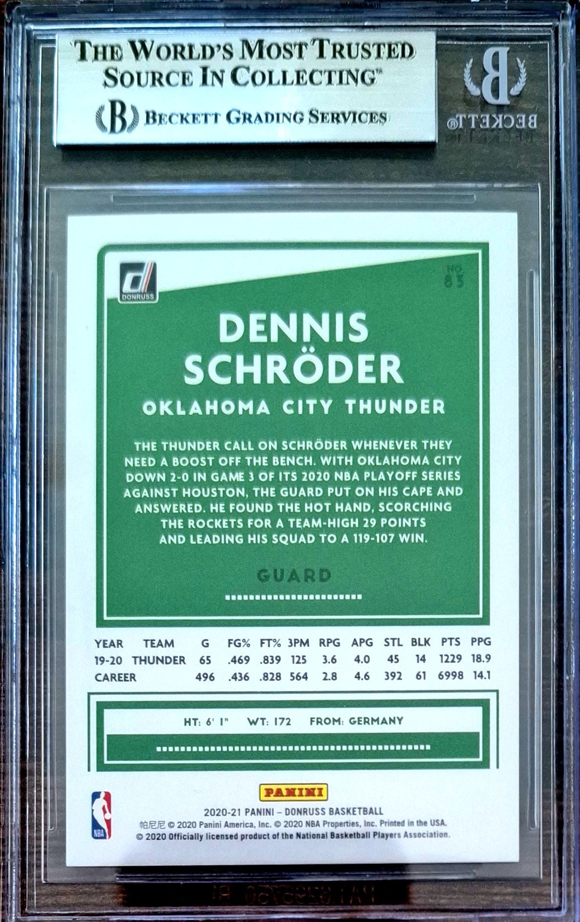 2020-21 Panini Donruss Holo Gold Laser Dennis Schröder 04/10 BGS 8 Oklahoma City Thunder