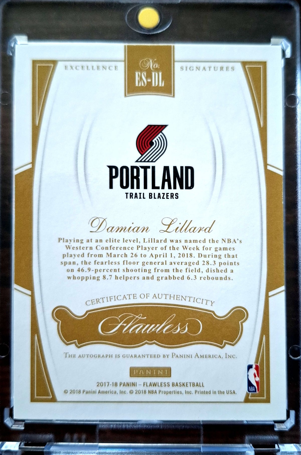 2017-18 Panini Flawless Excellence Damian Lillard Auto Green 4/5 Portland Trail Blazers