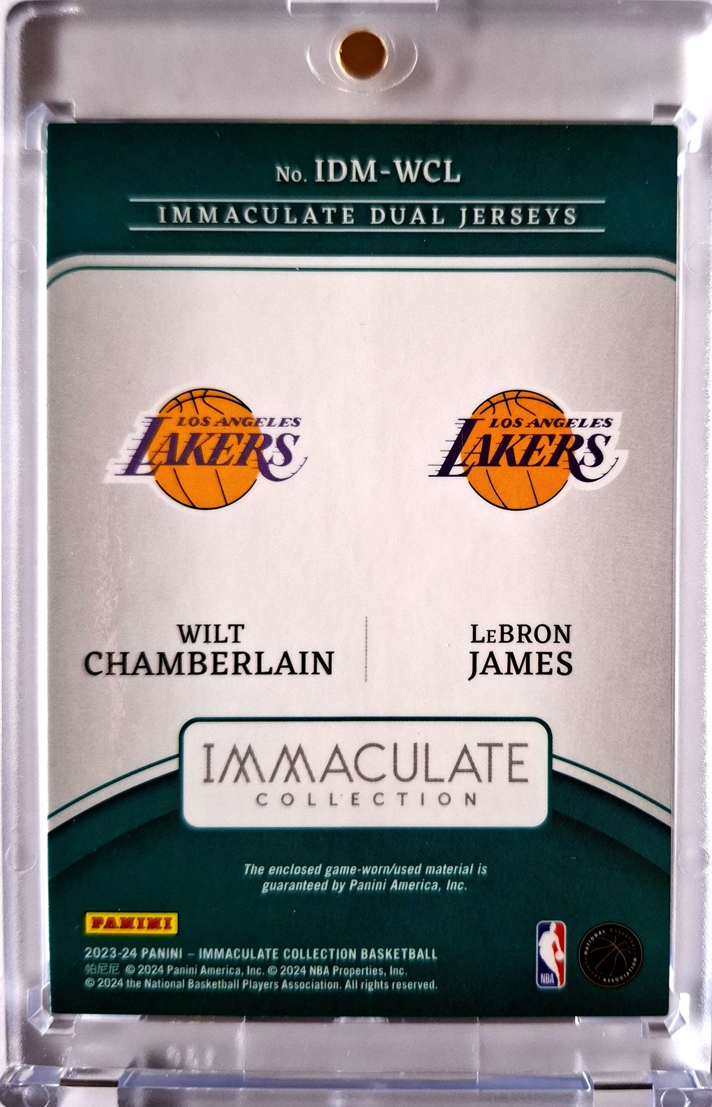 2023-24 Panini Immaculate Dual Jerseys Wilt Chamberlain / Lebron James 96/99 Game Worn Los Angeles Lakers