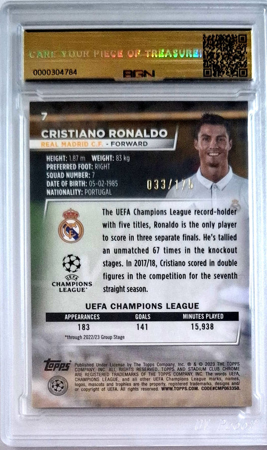2022-23 Topps Stadium Club Chrome UCC Neon Green X-Fractor Cristiano Ronaldo 033/175 BGN 10 GEM Mint Real Madrid