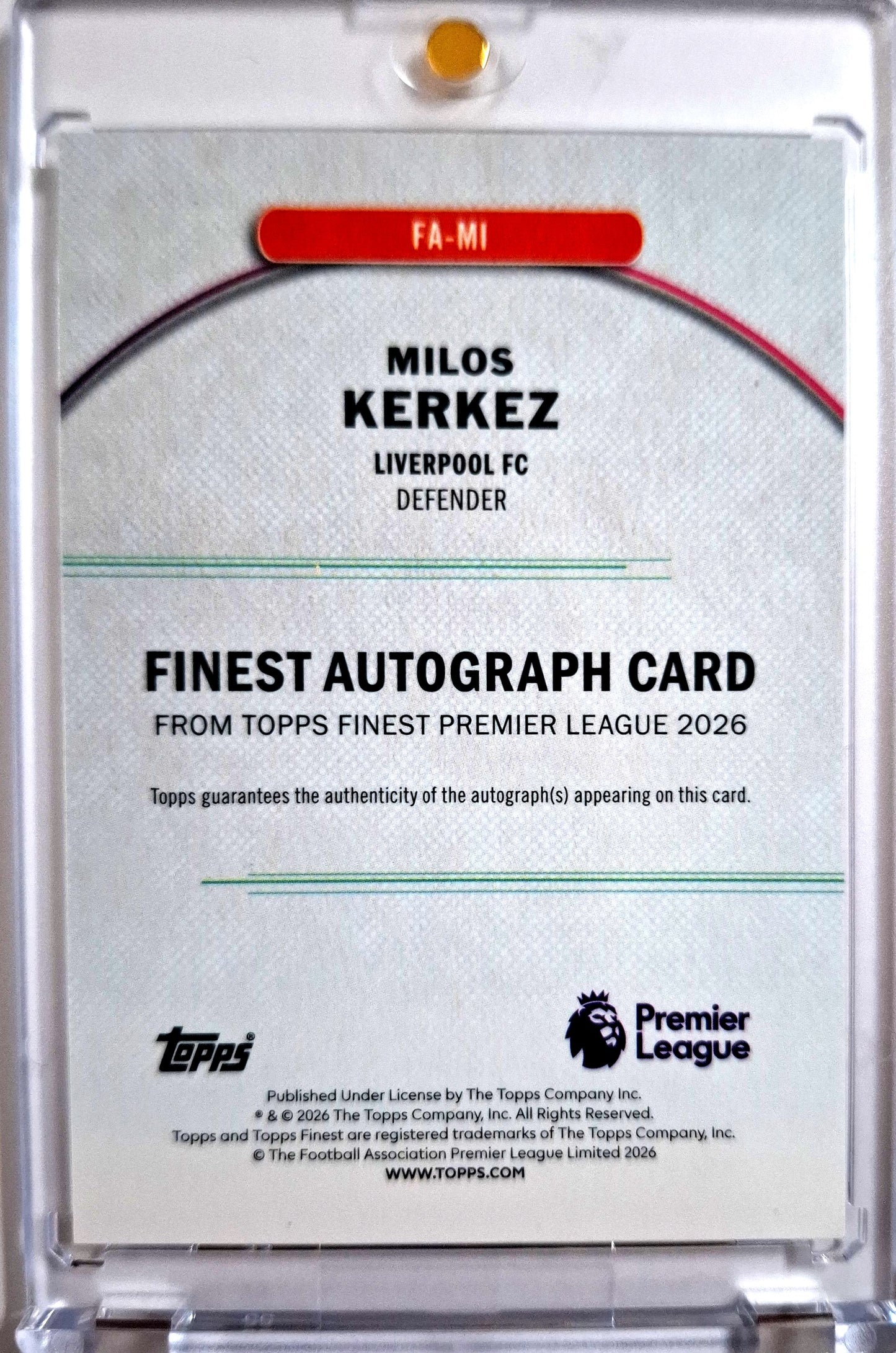 2025-26 Topps Finest Premier League Autograph Milos Kerkez Auto Liverpool FC
