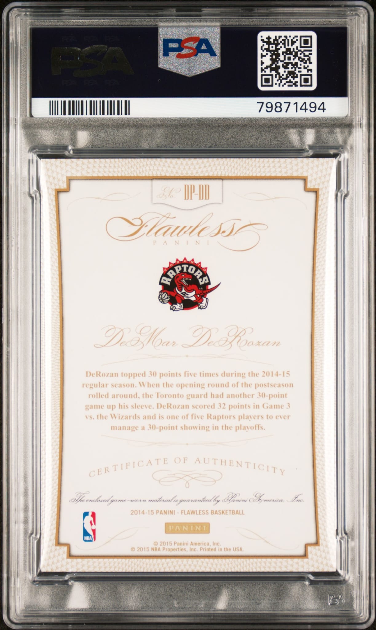 2014-15 Panini Flawless Dual Patch DeMar DeRozan /15 PSA 9 Game Worn Toronto Raptors POP 1