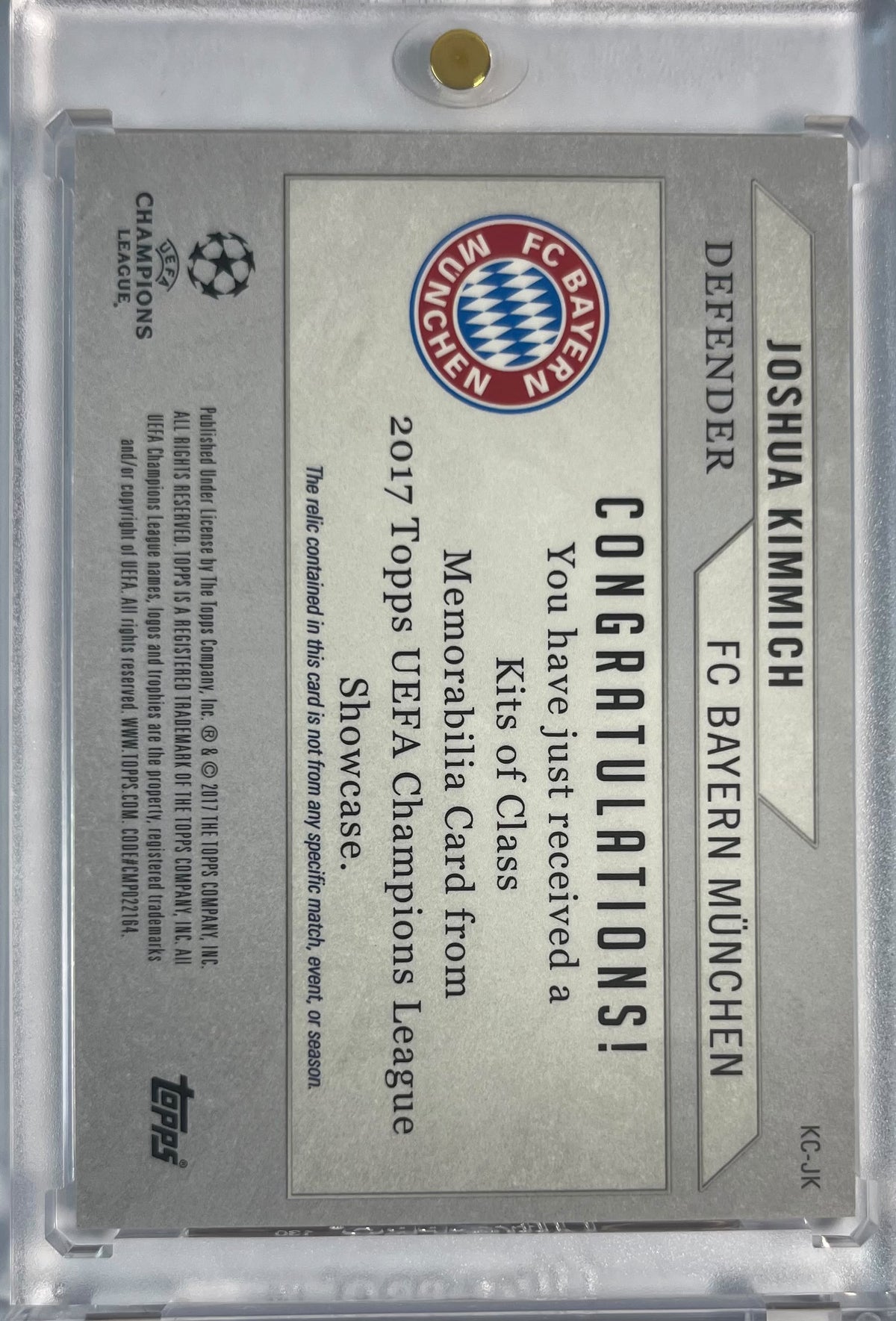 2017 Topps Showcase UCL Game Used Patch Adidas Stripes Joshua Kimmich 39/50 FC Bayern München