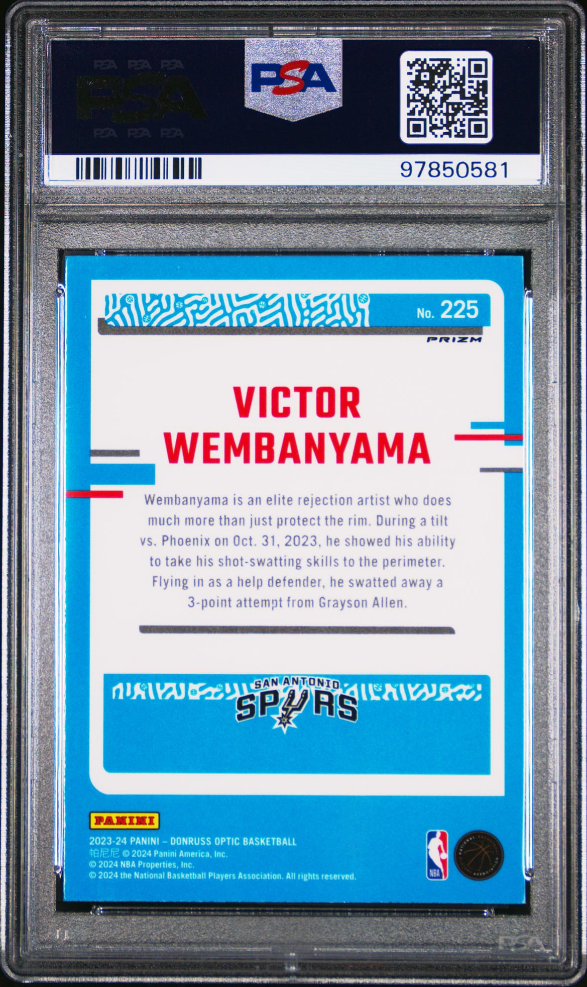 2023-24 Panini Donruss Optic Rated Rookie Purple Victor Wembanyama SP RC PSA 10 GEM MINT San Antonio Spurs