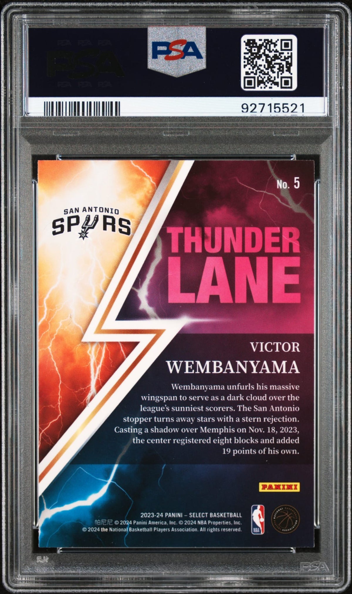 2023-24 Panini Select Thunder Lane Victor Wembanyama RC Rookie PSA 10 GEM MINT San Antonio Spurs