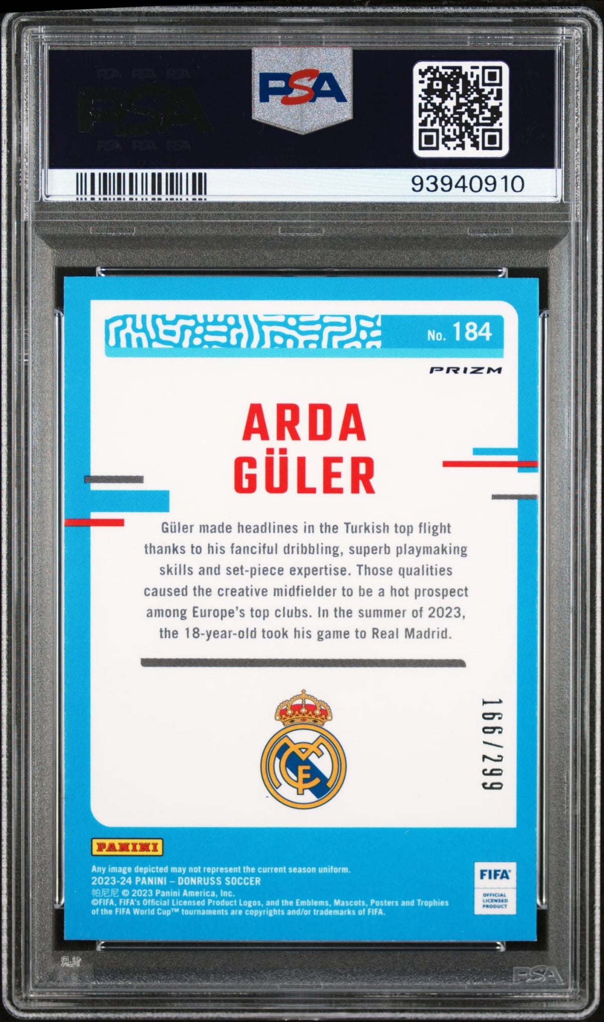 2023-24 Panini Donruss FIFA Rated Rookie Optic Red Arda Güler RC 166/299 PSA 10 GEM MINT Real Madrid