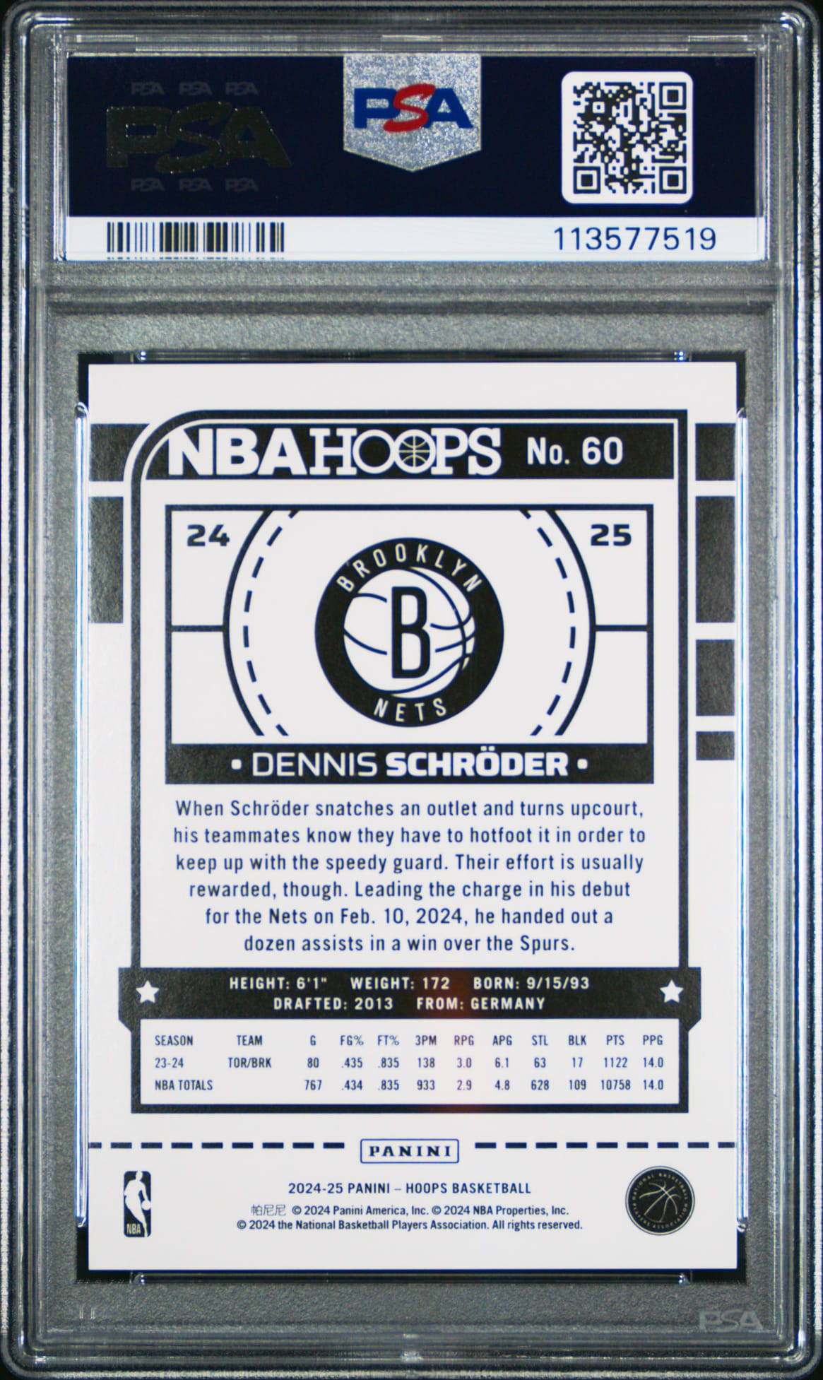 2024-25 Panini Hoops Orange Dennis Schröder 037/149 PSA 10 Brooklyn Nets