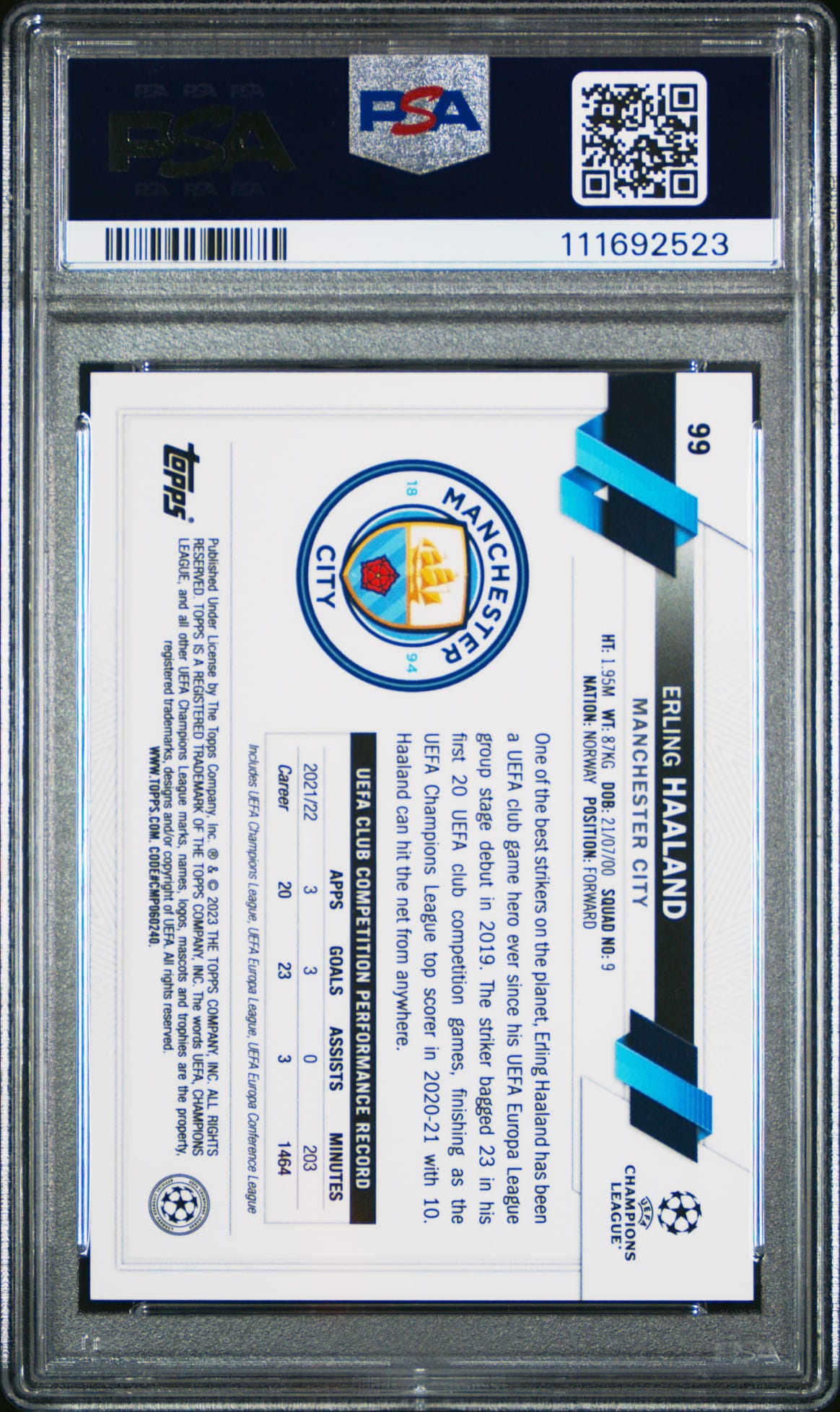 2022-23 Panini Topps Chrome UCC Hero Variation Erling Haaland PSA 9 Manchester City