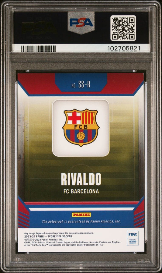 2023-24 Panini Score Fifa Signatures Rivaldo Auto 052/199 PSA 8 FC Barcelona