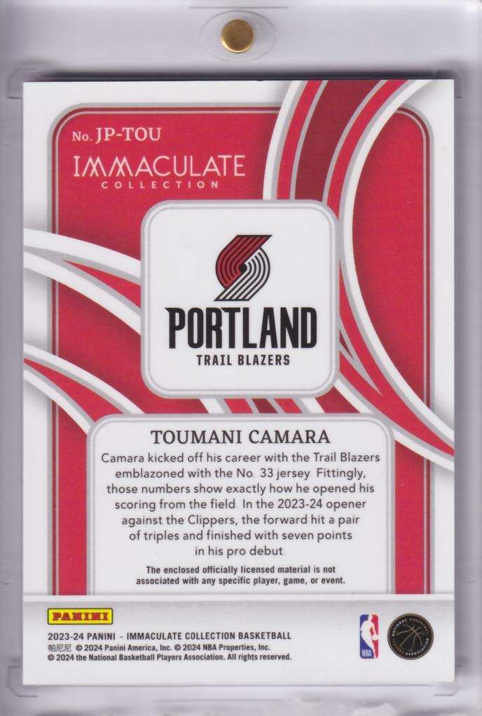 2023-24 NBA Panini Immaculate Jersey-Number Patch Toumani Camara RC Rookie /36