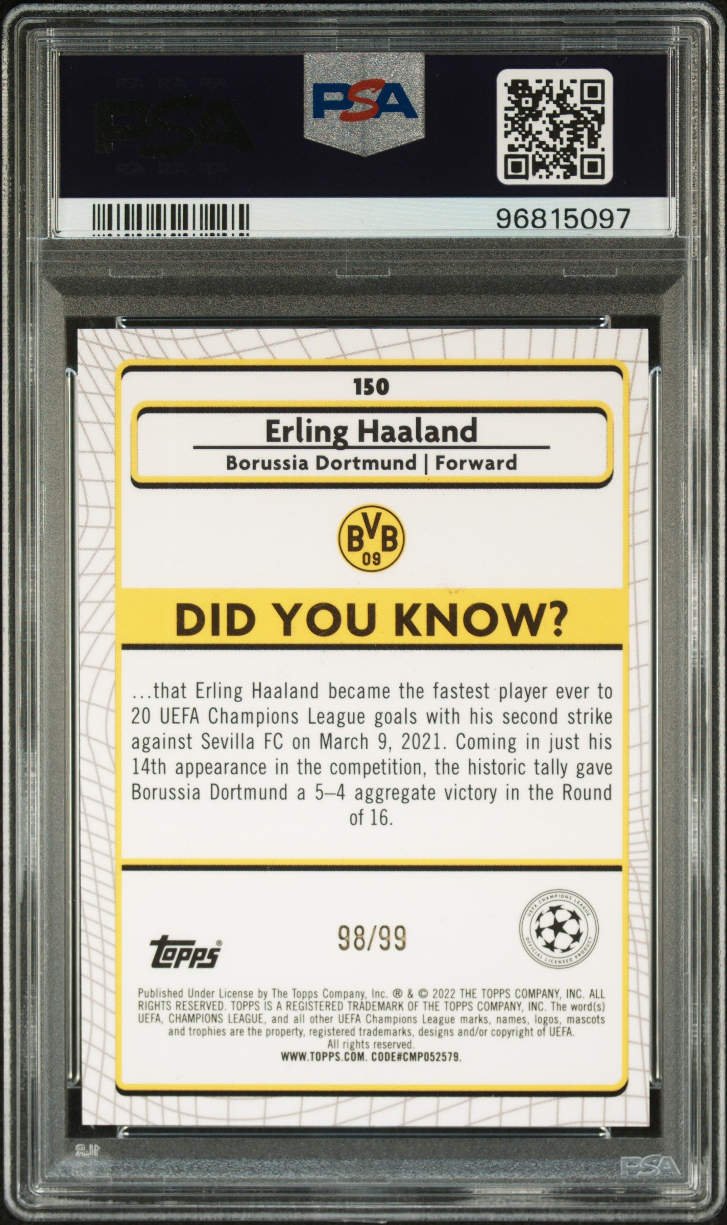 2021-22 Topps Merlin Chrome UEFA Green Refractor Erling Haaland 98/99 PSA 9 BVB
