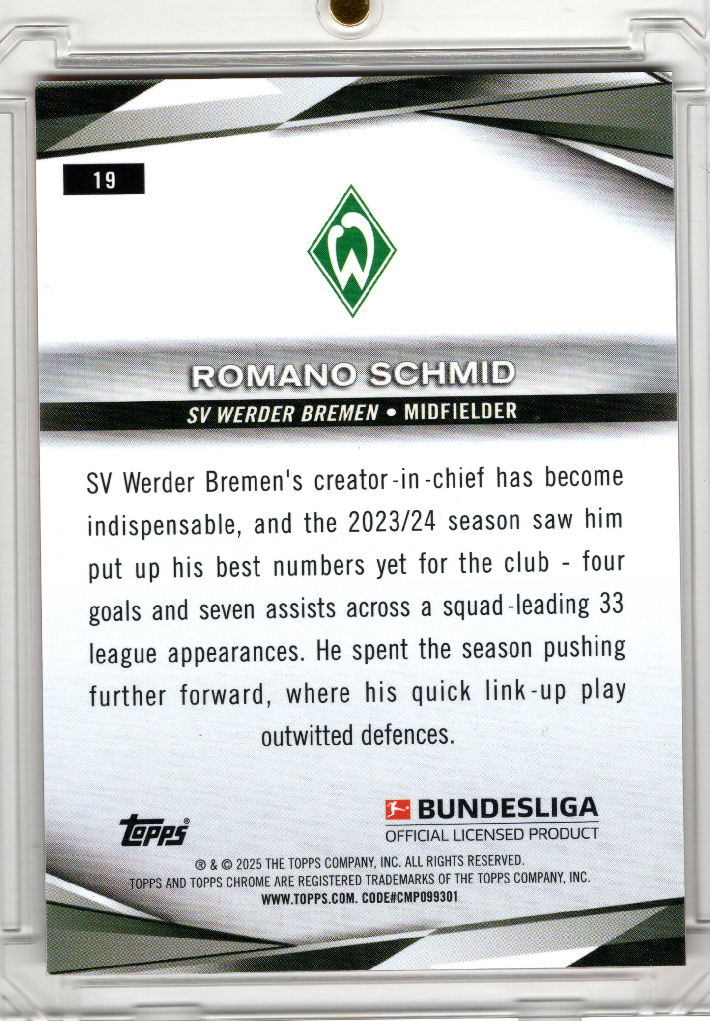 2024-25 Topps Chrome Bundesliga Orange Parallel Romano Schmid /25 Werder Bremen