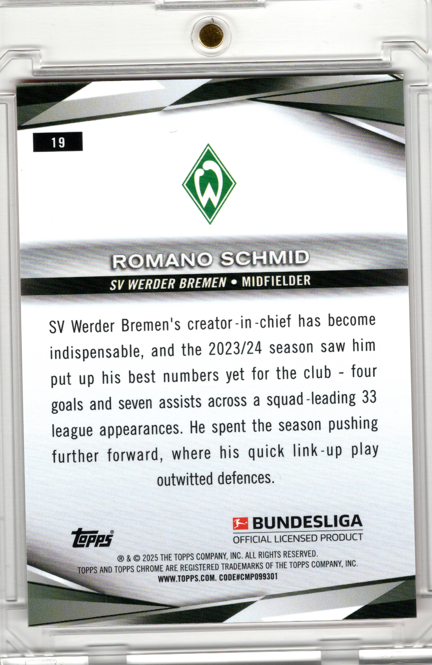 2024-25 Topps Chrome Bundesliga Orange Parallel Romano Schmid /25 Werder Bremen
