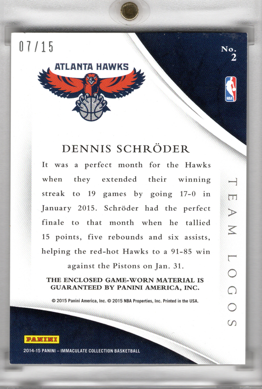 2014-15 Panini Immaculate Team Logo Patch Dennis Schröder 07/15 Game Worn Atlanta Hawks