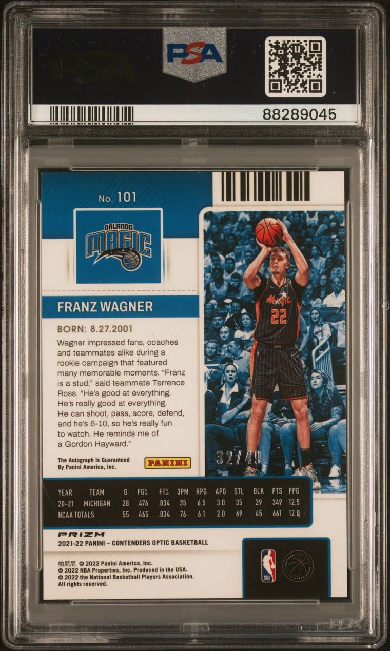 2021-22 Panini Contenders Optic Rookie Ticket Autograph Blue Franz Wagner on Card Auto 32/49 PSA 9 Orlando Magic