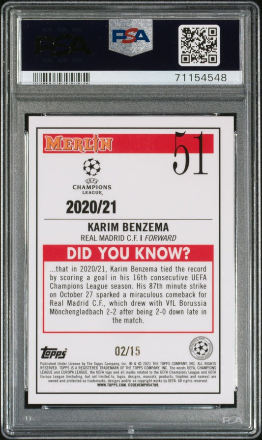 2020-21 Topps Merlin Chrome UCL Black Refractor Karim Benzema 02/15 PSA 9 Real Madrid