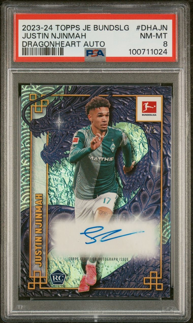2023-24 Topps Jade Bundesliga Justin Njinmah Rookie RC Dragonheart Auto /5 Werder Bremen PSA8