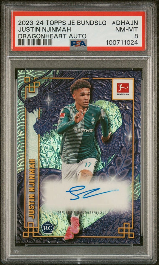 2023-24 Topps Jade Bundesliga Justin Njinmah Rookie RC Dragonheart Auto /5 Werder Bremen PSA8