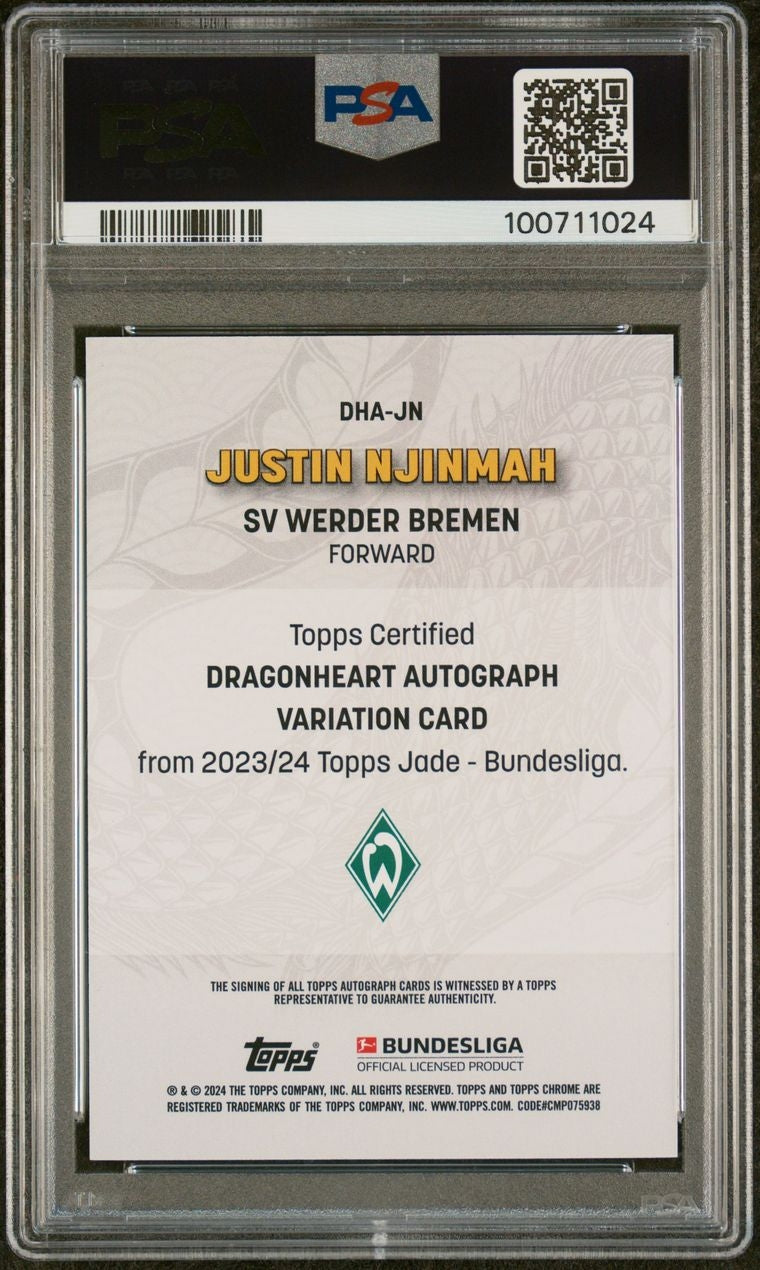 2023-24 Topps Jade Bundesliga Justin Njinmah Rookie RC Dragonheart Auto /5 Werder Bremen PSA8