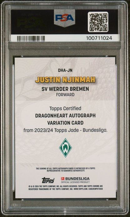 2023-24 Topps Jade Bundesliga Justin Njinmah Rookie RC Dragonheart Auto /5 Werder Bremen PSA8