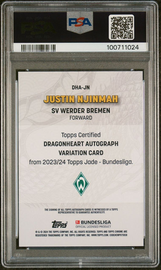 2023-24 Topps Jade Bundesliga Justin Njinmah Rookie RC Dragonheart Auto /5 Werder Bremen PSA8