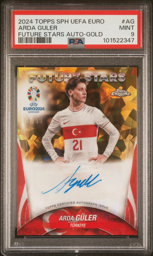 2024 Topps Chrome Sapphire UEFA Euro 24 Future Stars Auto Gold Refractor Arda Güler Karte 14/50 PSA 9 Turkey.