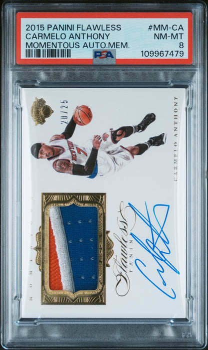 2015-16 Panini Flawless Momentous Patch Auto Carmelo Anthony Karte 20/25 PSA 8 NY Knicks.
