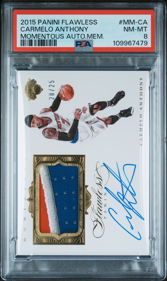 2015-16 Panini Flawless Momentous Patch Auto Carmelo Anthony Karte 20/25 PSA 8 NY Knicks.