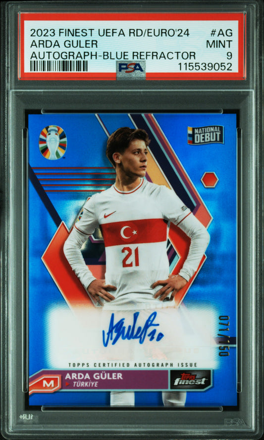 2023-24 Topps Finest UEFA Euro 24 National Debut Auto Blue Arda Güler Karte 71/150 PSA 9 Turkey.