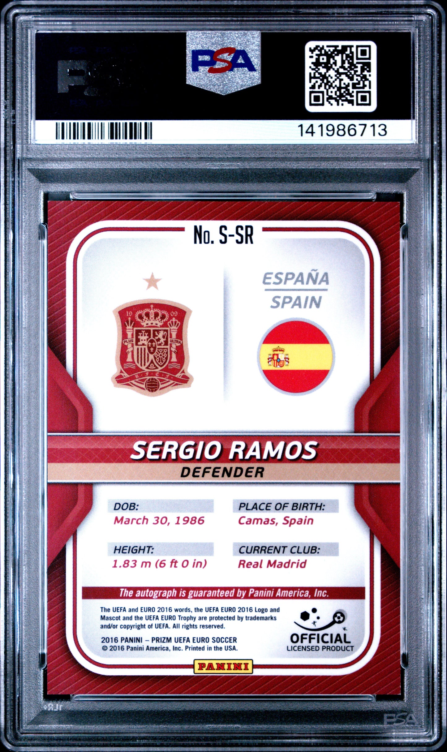2016 Panini Prizm UEFA Euro Signatures Auto Sergio Ramos PSA 9 Spain