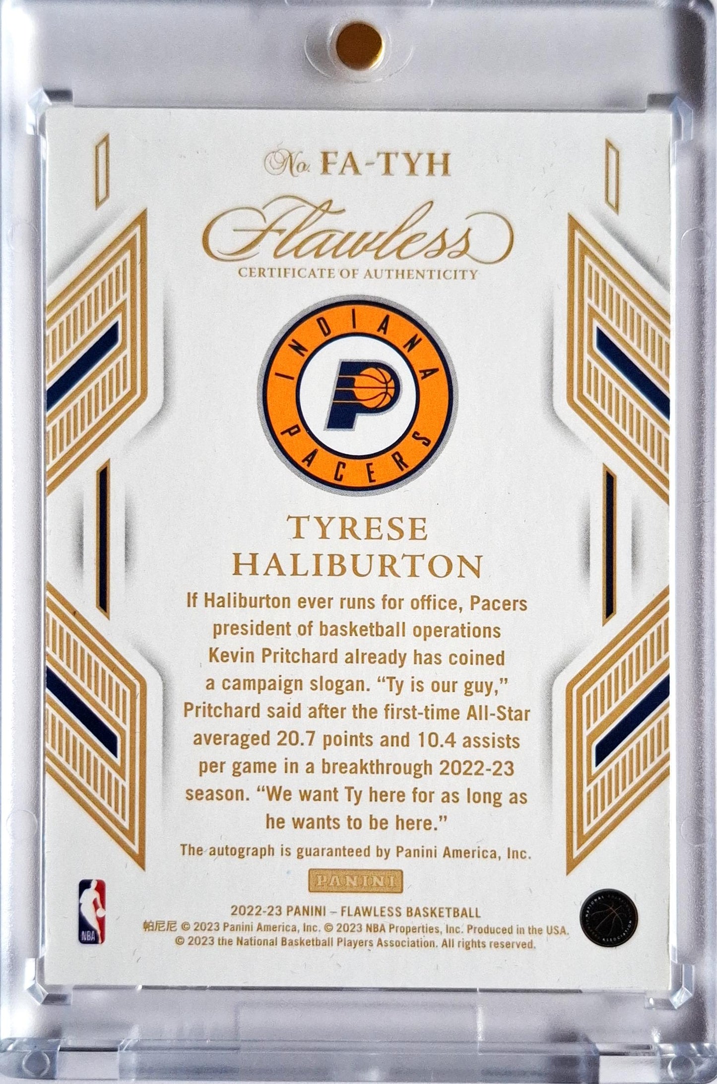 2022-23 Panini Flawless Autographs Ruby Tyrese Haliburton Auto 12/15 Indiana Pacers