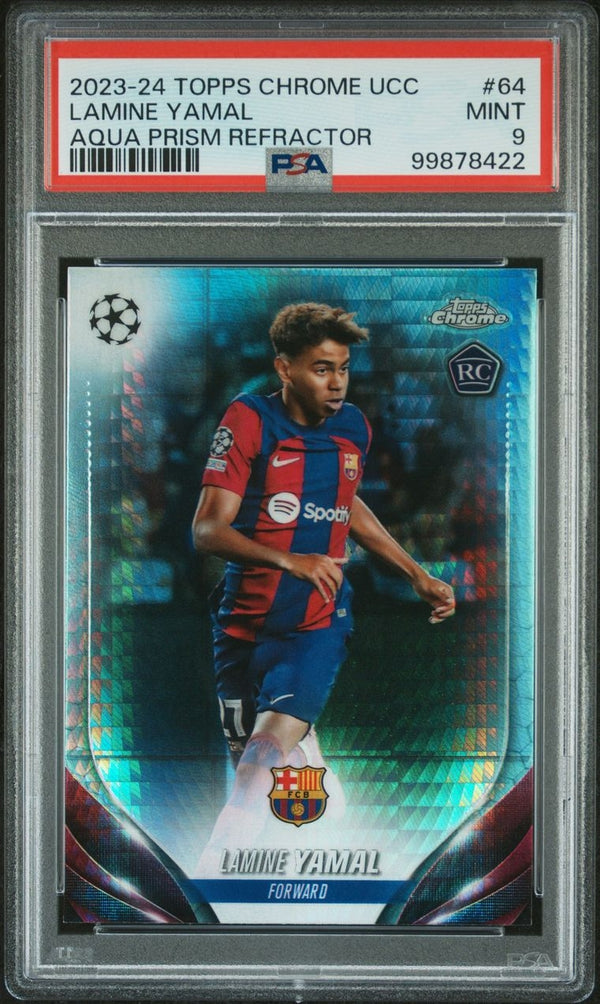 2023-24 Topps Chrome UCC Lamine Yamal Aqua Prism Refractor RC Rookie PSA 9 Mint