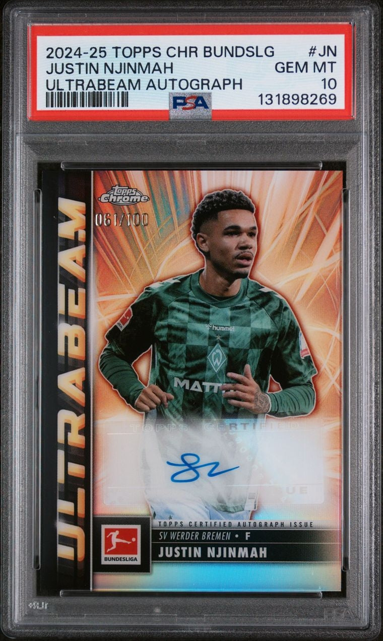 2024-25 Topps Chrome Bundesliga Ultrabeam Autograph Justin Njinmah Auto /100 Werder Bremen PSA10 GEM Mint