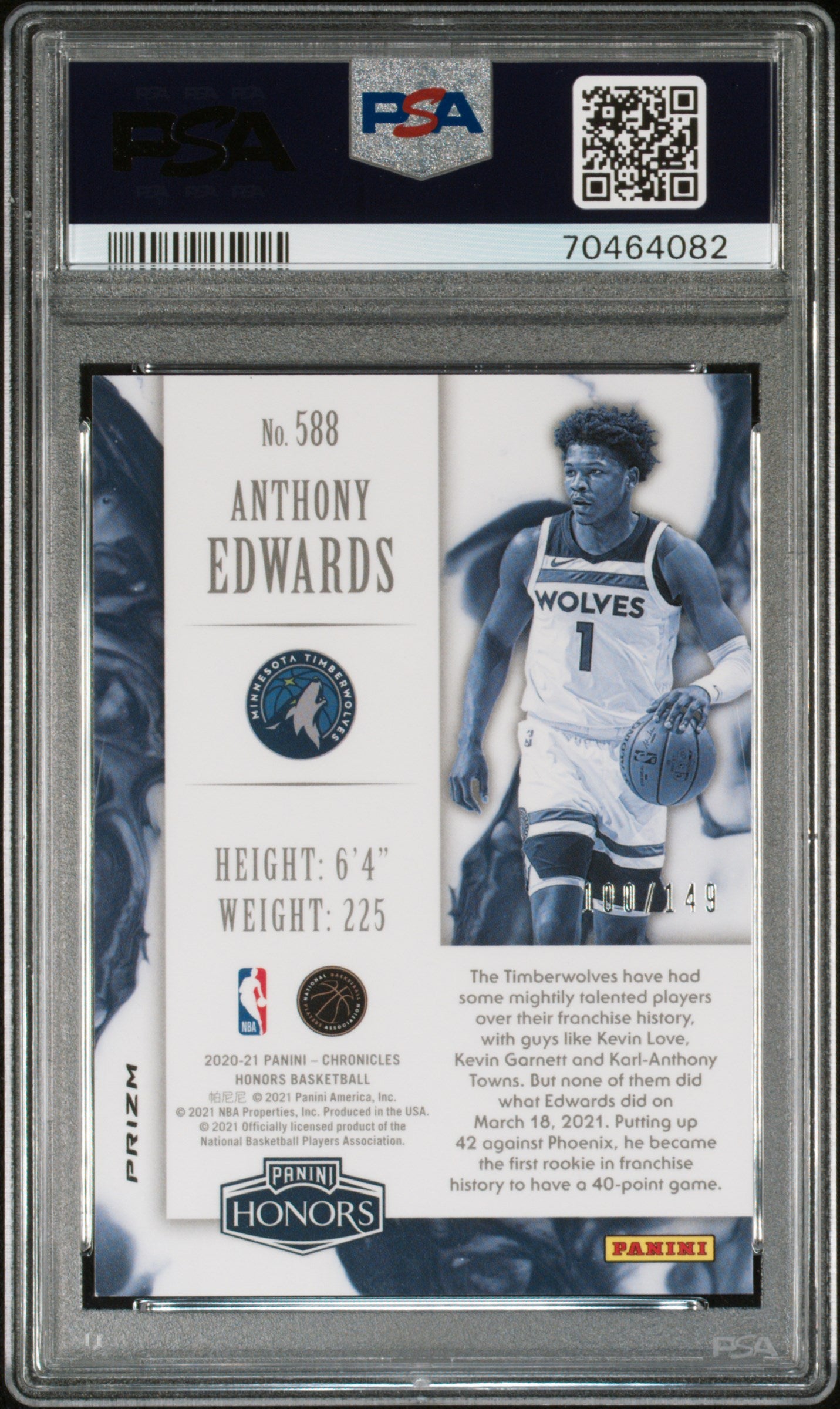 2020-21 Panini Chronicles RC Rookie Red Anthony Edwards 100/149 PSA 9 Timberwolves