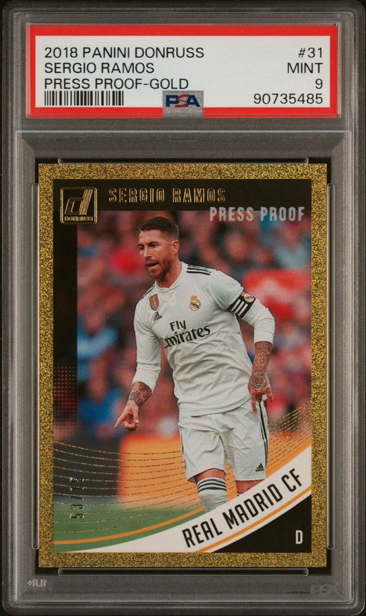 2018-19 Panini Donruss Press Proof Gold Sergio Ramos Karte 53/75 PSA 9 Real Madrid.