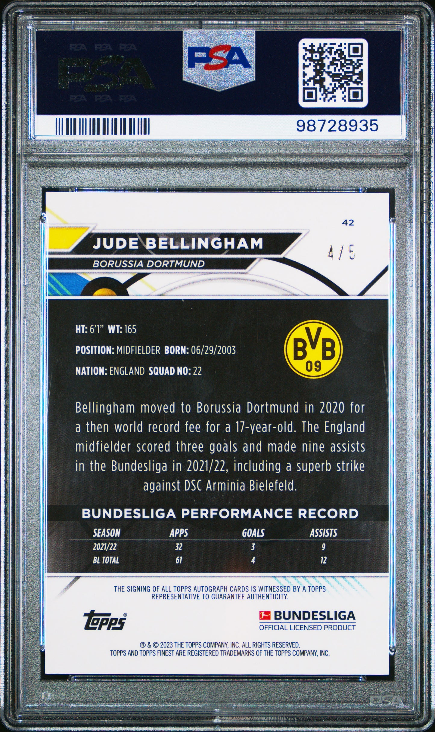 2022-23 Topps Finest Bundesliga Red Refractor Auto Jude Bellingham 4/5 PSA 9 Borussia Dortmund