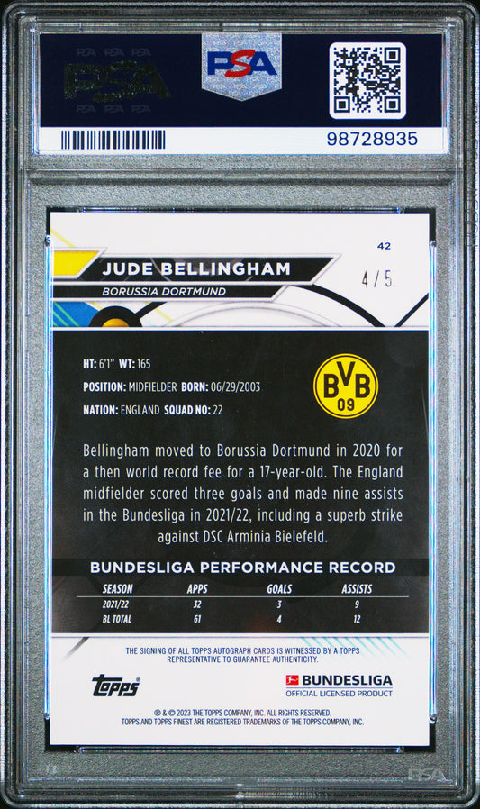 2022-23 Topps Finest Bundesliga Red Refractor Auto Jude Bellingham 4/5 PSA 9 Borussia Dortmund