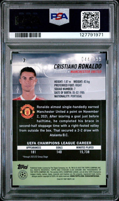 2021-22 Topps Stadium Club Chrome Electric Charge Refractor Cristiano Ronaldo 044/199 PSA 9 Manchester United