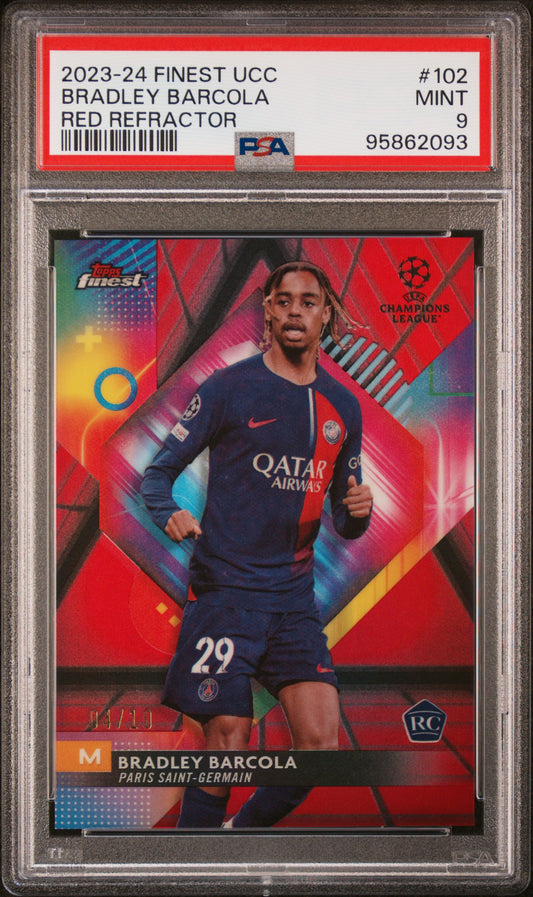 2023-24 Topps Finest UCC Red Refractor RC Rookie Bradley Barcola /10 PSA 9