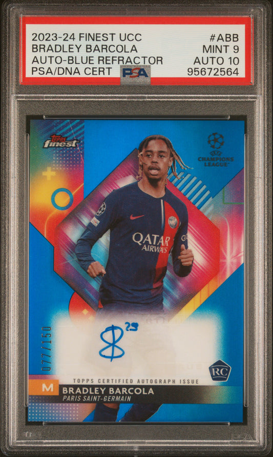 2023-24 Topps Finest UCC Blue Refractor RC Rookie Auto Bradley Barcola /150 PSA9 Auto 10