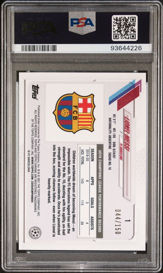 2020-21 Topps Chrome X Aoki UCL Aqua Lionell Messi 044/150 PSA 9 FC Barcelona