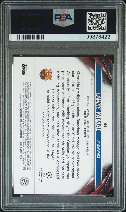 2023-24 Topps Chrome UCC Lamine Yamal Aqua Prism Refractor RC Rookie PSA 9 Mint