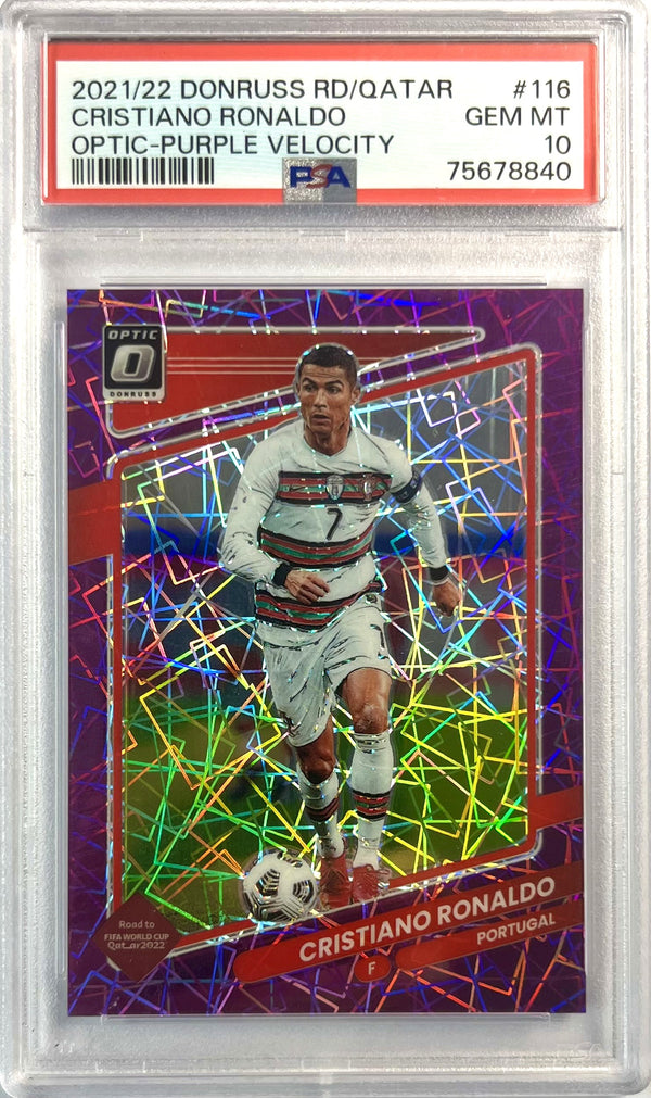 2021-22 Panini Donruss Soccer Optic Purple Velocity Cristiano Ronaldo Karte 60/99 PSA 10 Portugal.