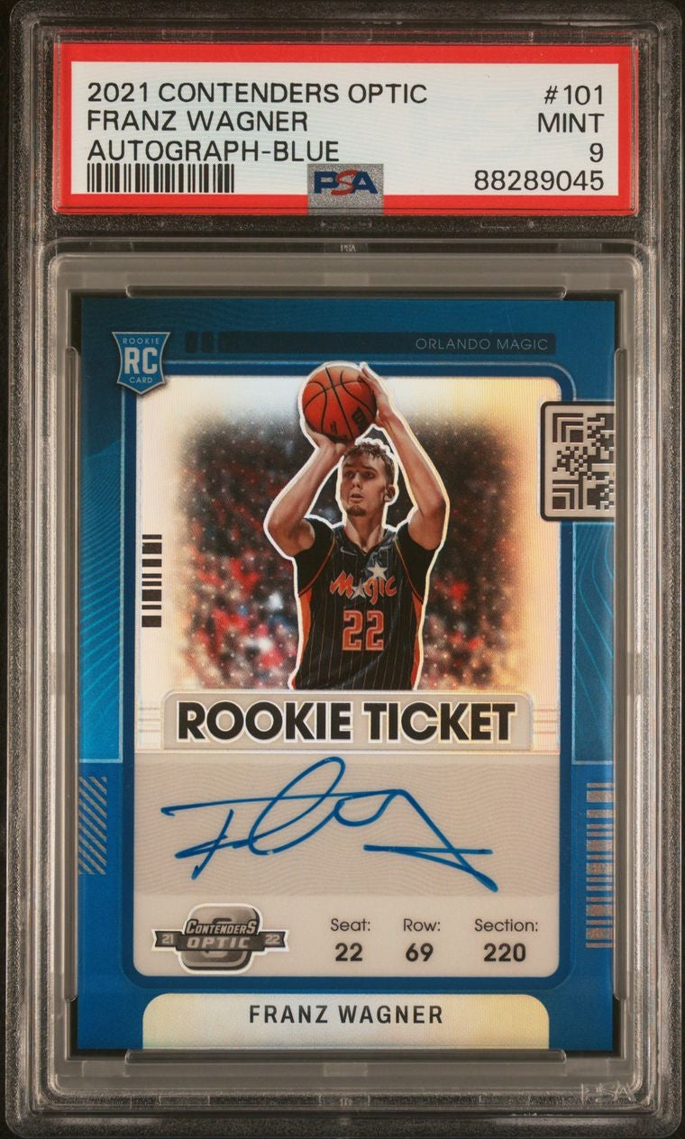 2021-22 Panini Contenders Optic Rookie Ticket Autograph Blue Franz Wagner on Card Auto 32/49 PSA 9Orlando Magic