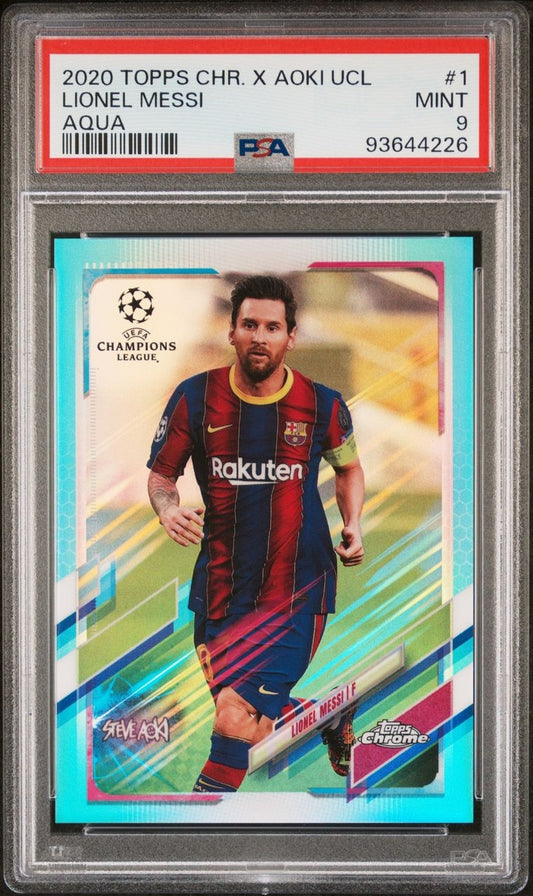 2020-21 Topps Chrome X Aoki UCL Aqua Lionel Messi Karte 044/150 PSA 9 FC Barcelona.